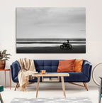 Motorcycle Beach Wall Art Canvas Print, Framed Vintage Motorcycle and Biker Silhouette