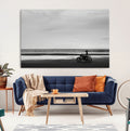 Motorcycle Beach Wall Art Canvas Print, Framed Vintage Biker Silhouette Artwork