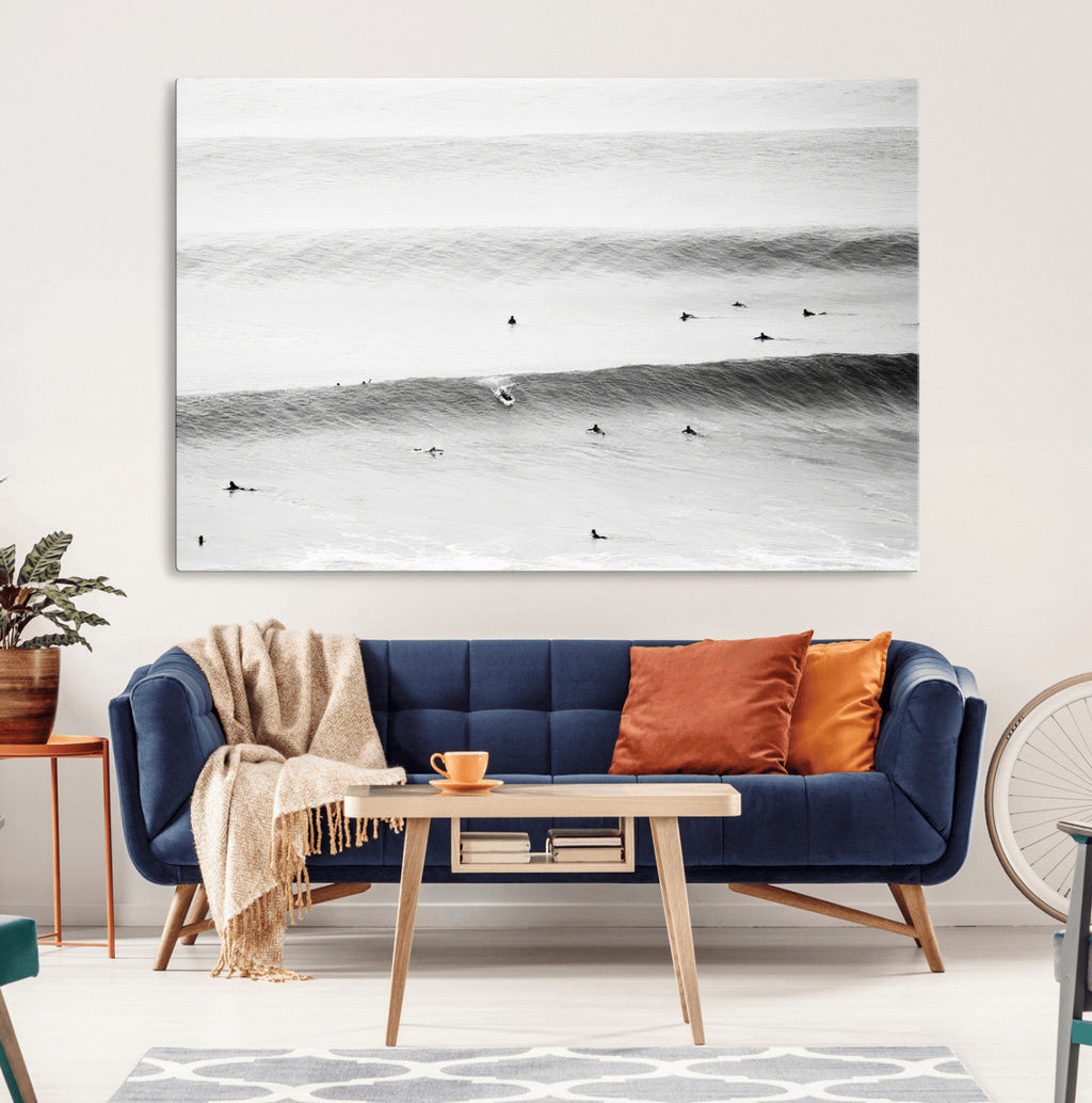 Black White Ocean Wall Art Canvas Print, Framed Coastal Sport and Ocean Swimmers Scene