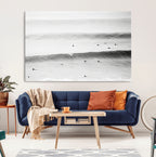 Black White Ocean Wall Art Canvas Print, Framed Coastal Sport and Ocean Swimmers Scene