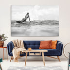 Black and White Surfing Wall Art Canvas Print, Framed Ocean Horizon Surfer Girl