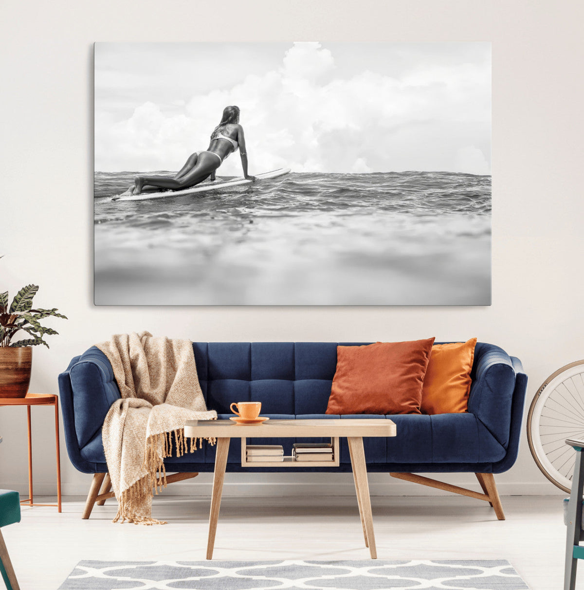 Black and White Surfing Wall Art Canvas Print, Framed Ocean Horizon Surfer Girl