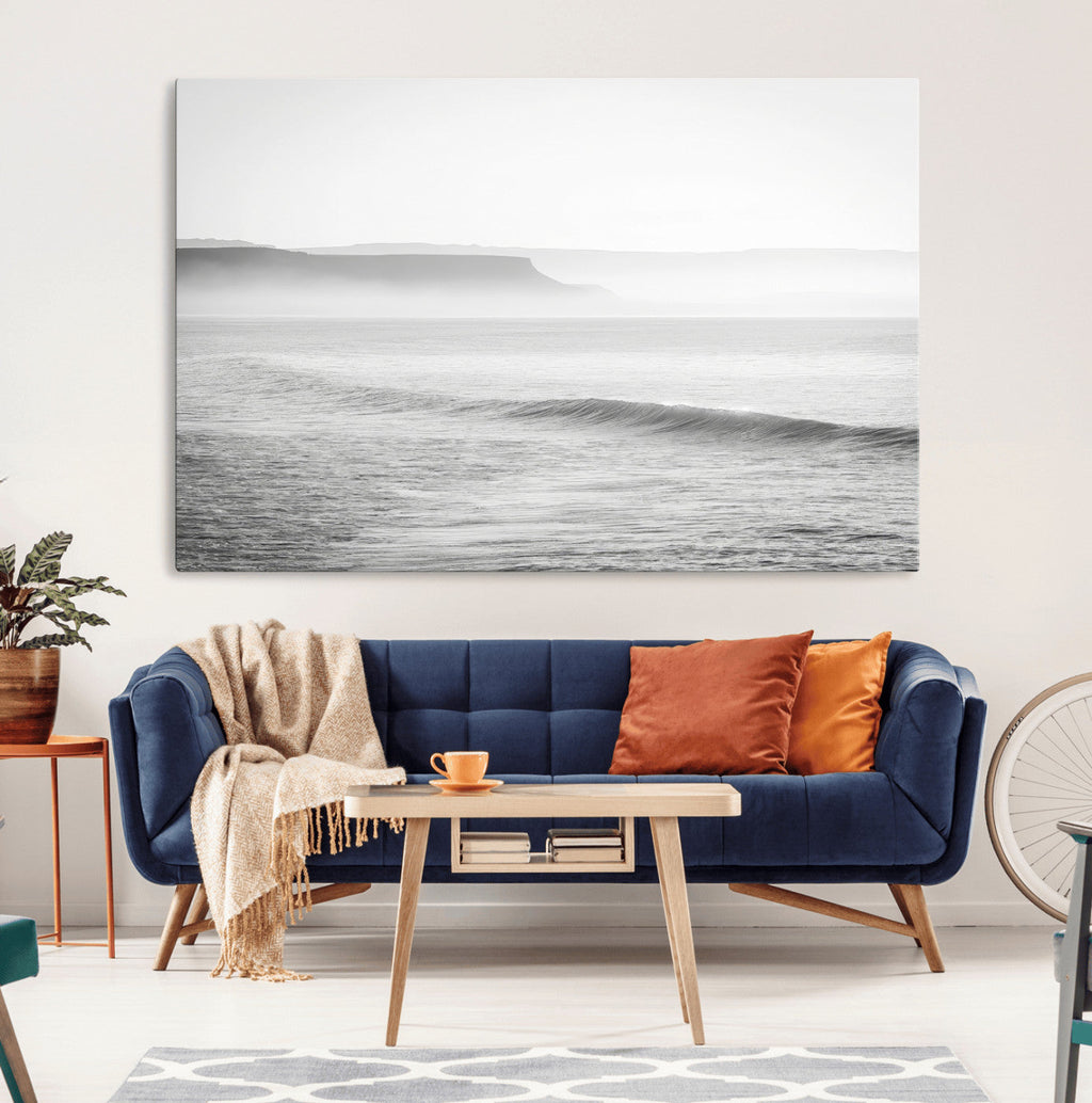 Black and White Seascape Wall Art Canvas Print, Framed Misty Ocean Waves
