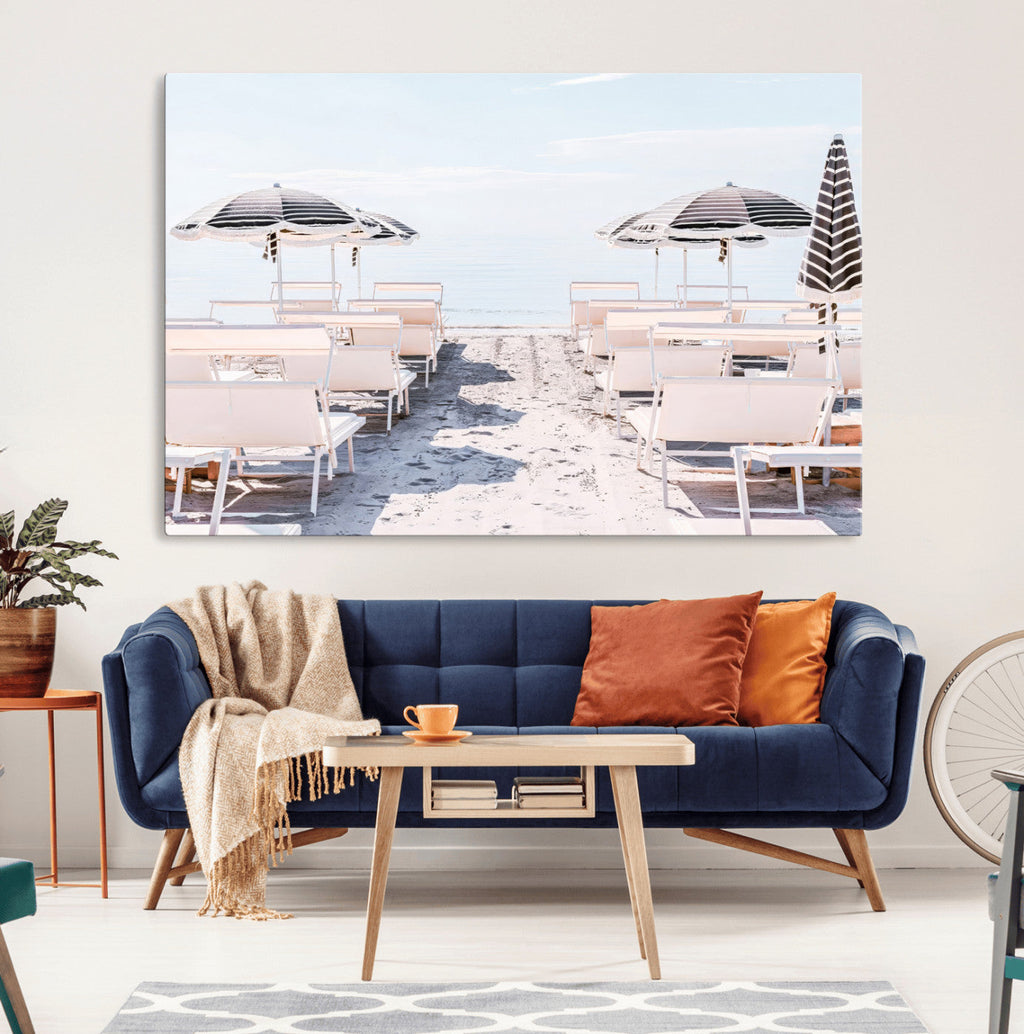 Minimalist Beach Wall Art Canvas Print, Framed Pastel Sand and Striped Umbrella Artwork