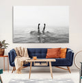 Black White Ocean Wall Art Canvas Print, Framed Monochrome Diving into Water Artwork