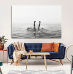 Black White Ocean Wall Art Canvas Print, Framed Monochrome Diving into Water Artwork