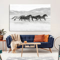 Wild Horses Running Wall Art Canvas Print, Framed Black White Mustangs Artwork