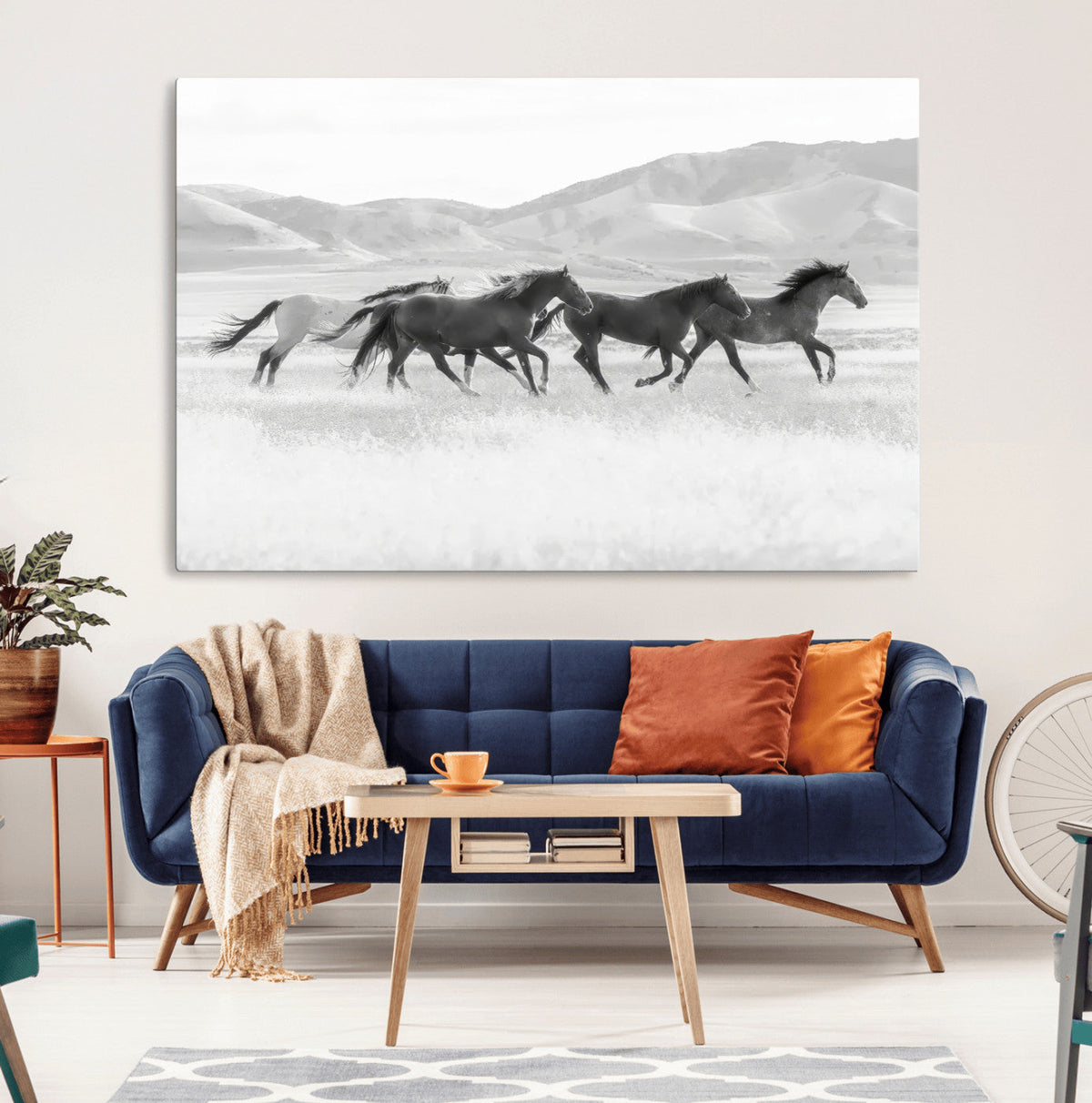 Wild Horses Running Wall Art Canvas Print, Framed Black White Mustangs Artwork