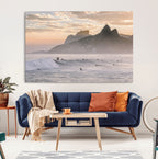 Sunset Surfing Wall Art Canvas Print, Framed Misty Mountains and Surfer Riding a Wave