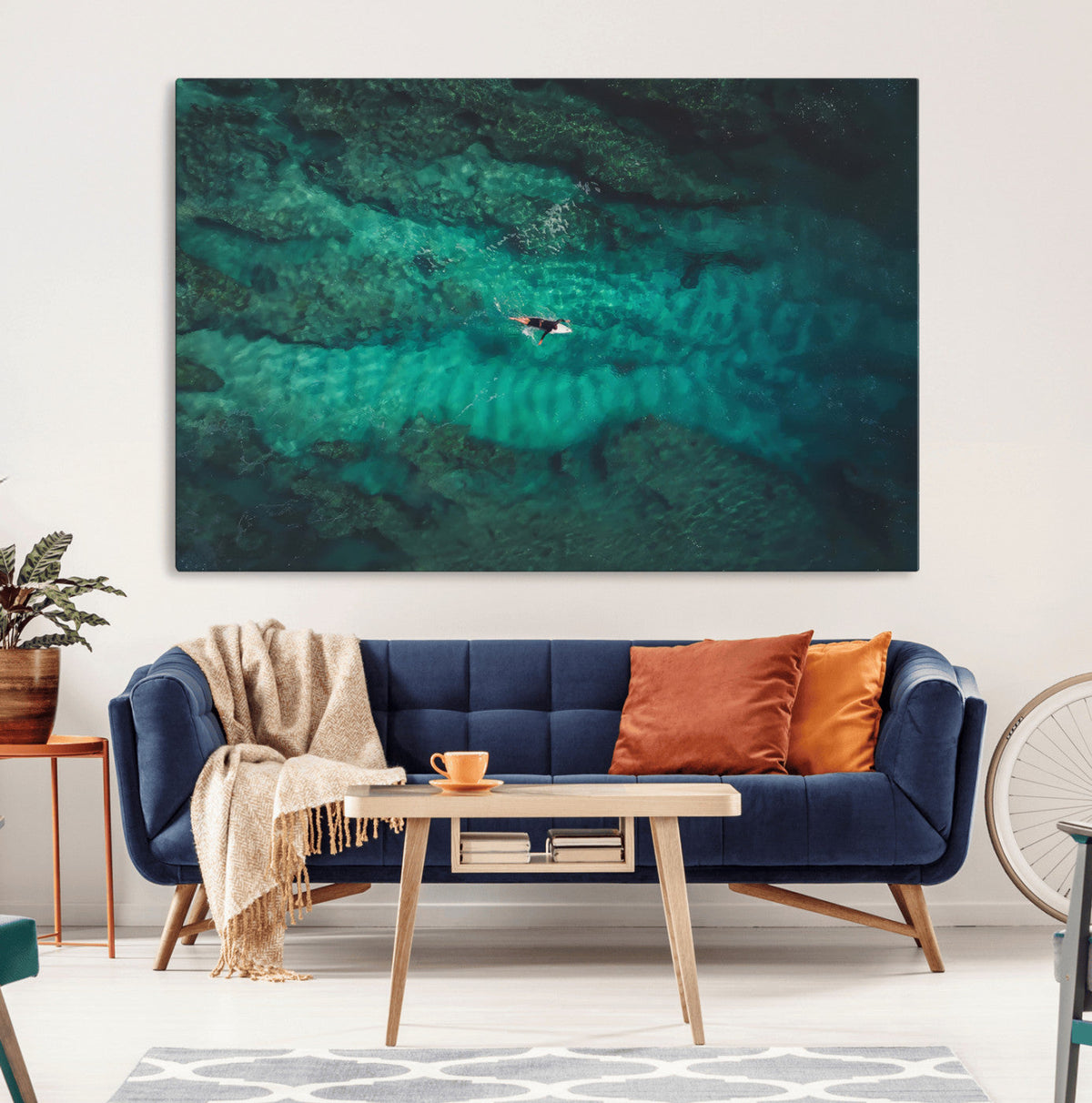 Ocean Surf Wall Art Canvas Print, Framed Vibrant Blue Waters Seascape Artwork