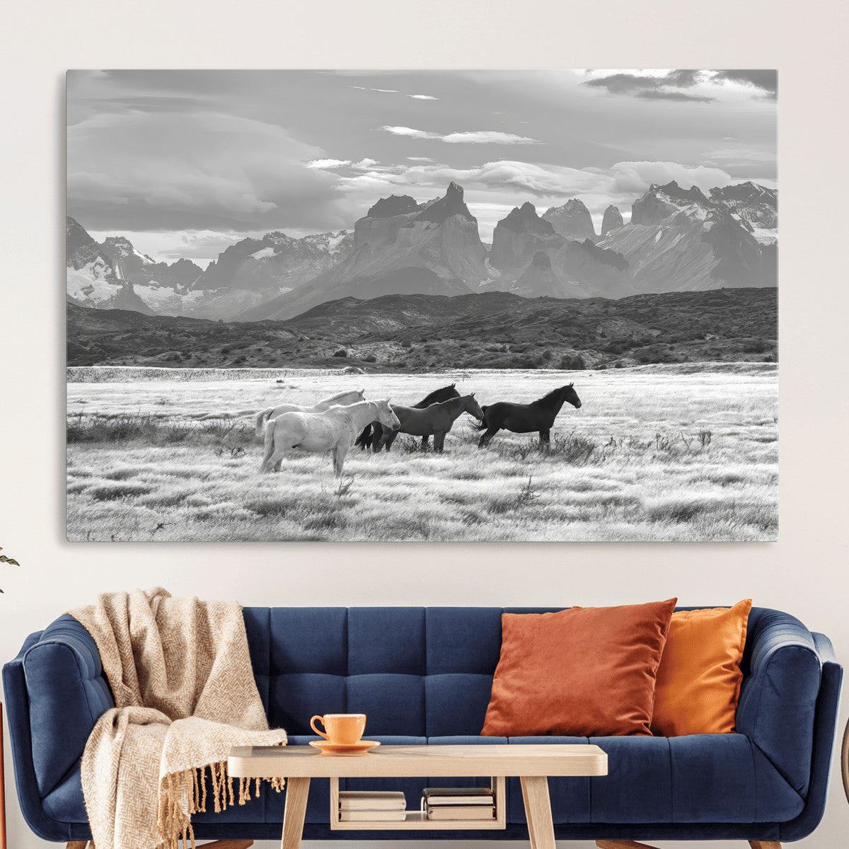 Wild Horses Wall Art | Framed Black White Mountain Canvas