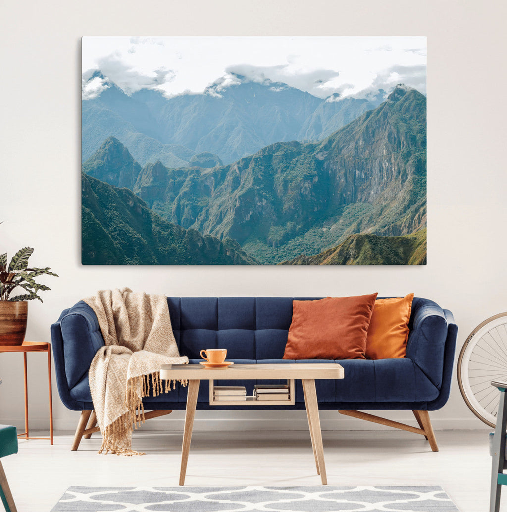 Misty Mountain Wall Art Canvas Print, Framed Cloudy Andean Art, Rugged Mountain Landscape