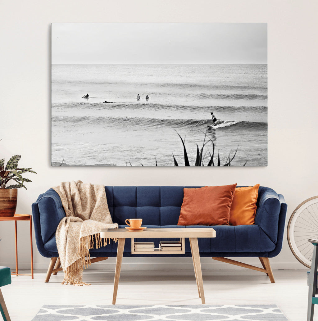 Surfer Silhouette Wall Art Canvas Print, Framed Calm Ocean Monochrome Surf