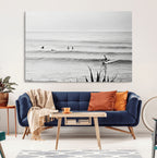 Surfer Silhouette Wall Art Canvas Print, Framed Calm Ocean Monochrome Surf