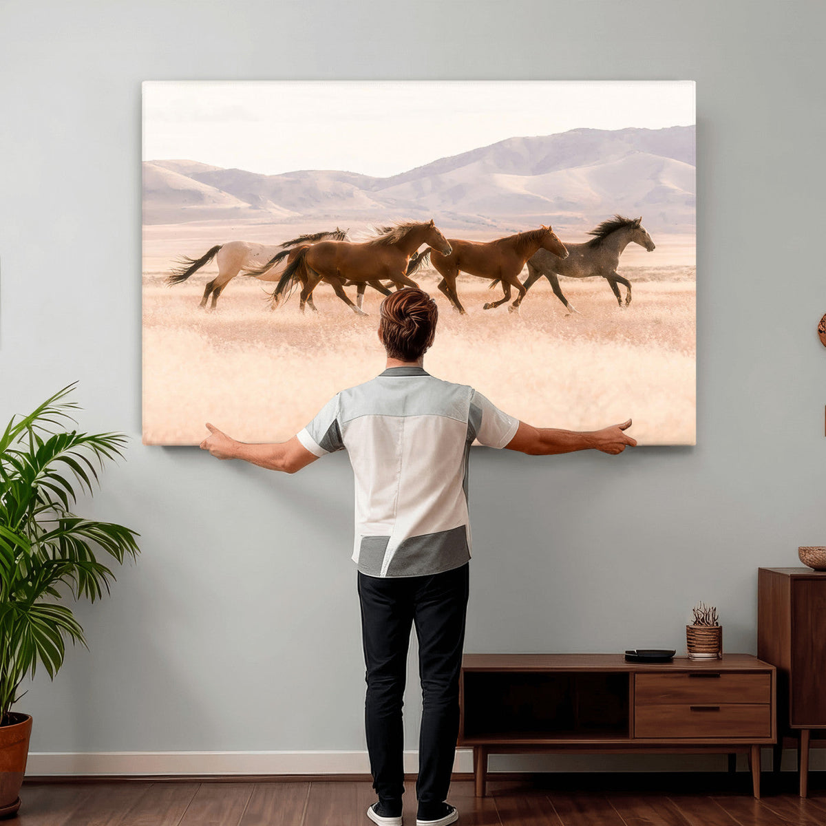 Wild Horse Wall Art Canvas Print, Framed Rustic Western Art, Desert Horse Scene
