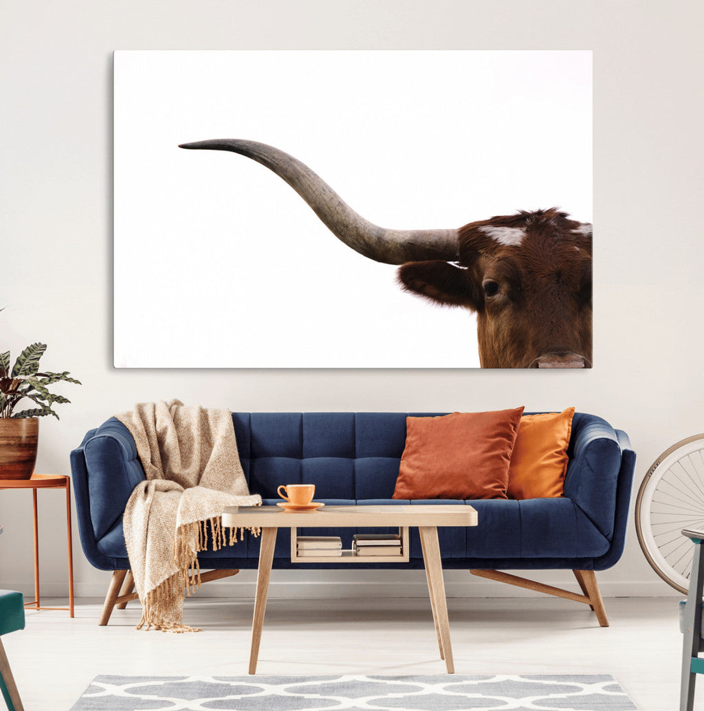 Texas Longhorn Wall Art Canvas Print, Framed Minimalist Cow Art, Ranch Style Decor