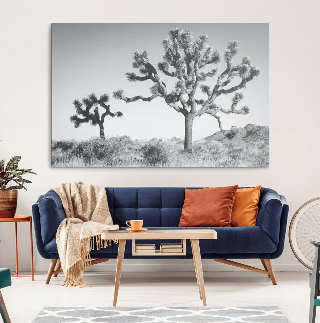 Joshua Tree Wall Art Canvas Print, Framed Black and White Desert Landscape Artwork