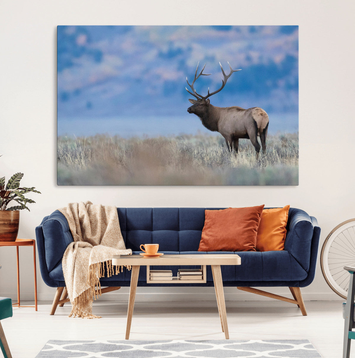 Elk Wall Decor Canvas Print, Framed Rustic Wildlife Art, Mountain Elk Landscape