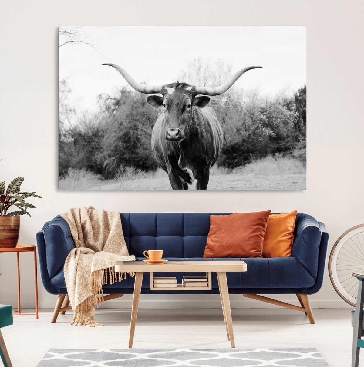 Longhorn Photography Wall Art Canvas Print, Framed Western Cow Texas Ranch Decor