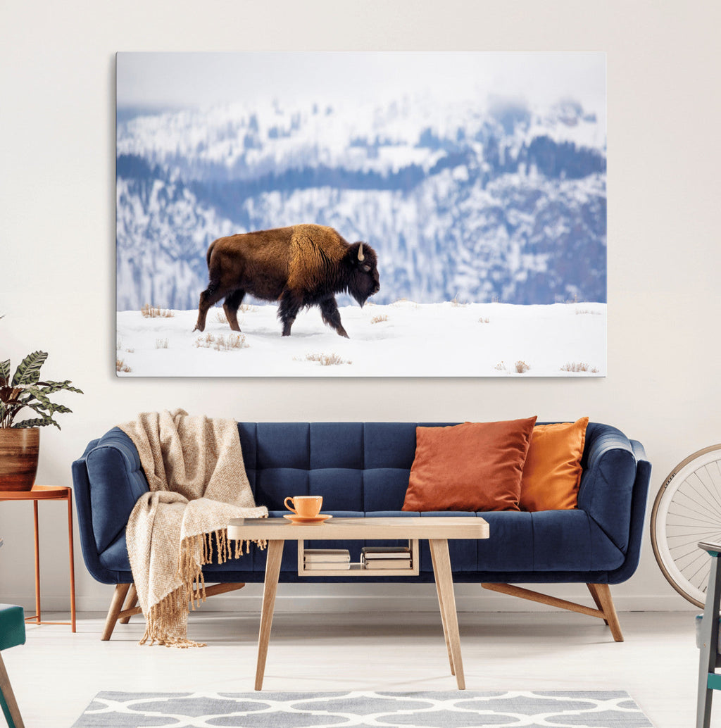 Bison Snow Wall Art Canvas Print, Framed Wildlife Scene, Western Ranch Style Decor