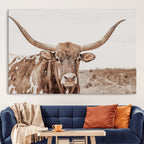 Longhorn Bull Wall Art Canvas Print, Framed Rustic Cow Decor, Neutral Farmhouse Style