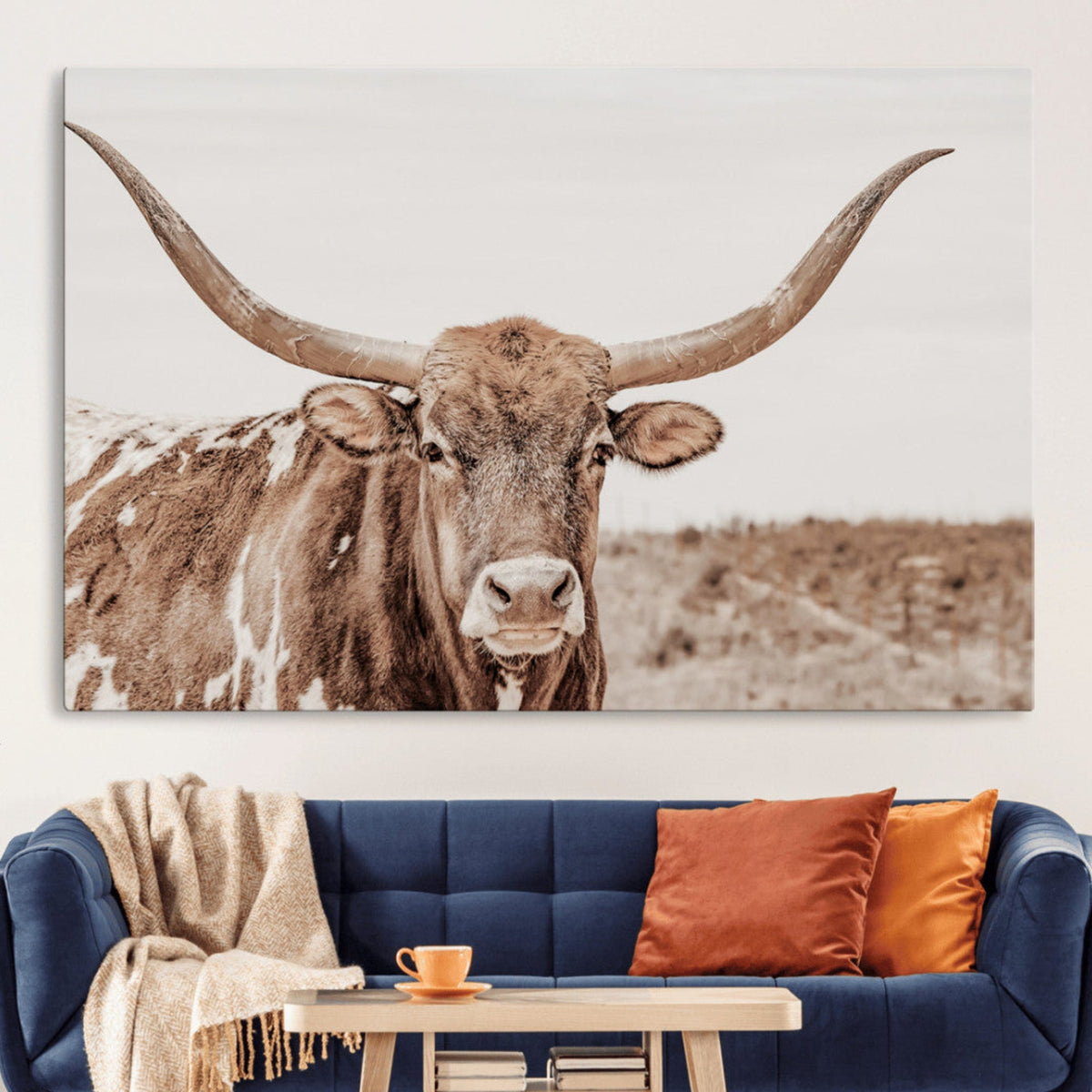Longhorn Bull Wall Art Canvas Print, Framed Rustic Cow Decor, Neutral Farmhouse Style