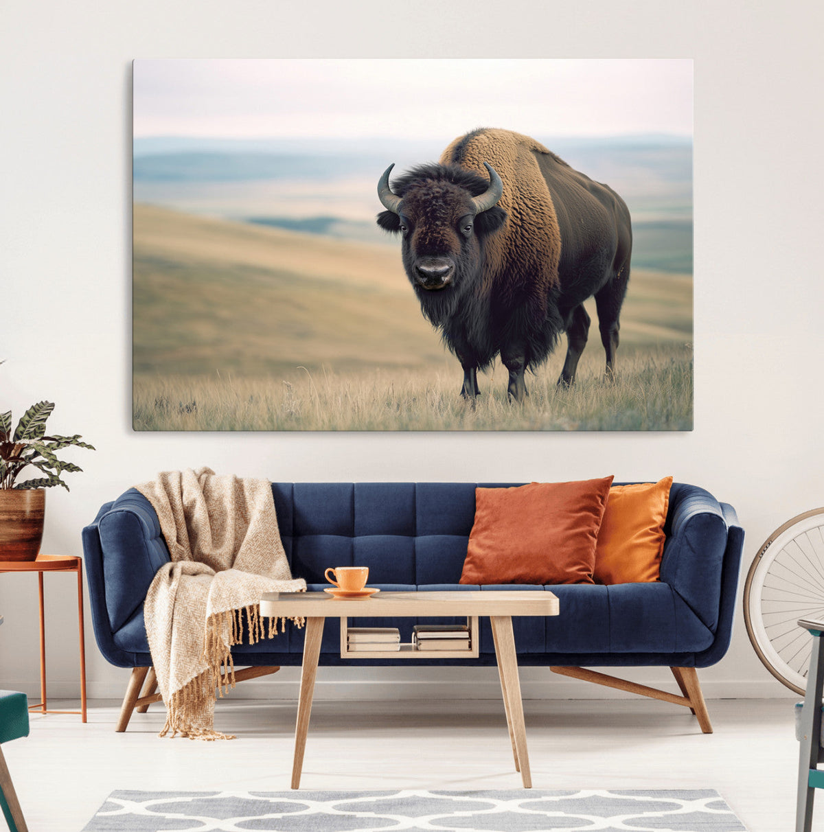 Bison Wall Art Canvas Print, Framed American Buffalo Rustic Western Artwork