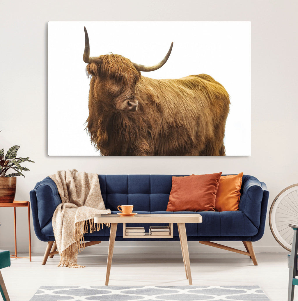 Highland Cow Wall Art Canvas Print, Framed Rustic Farmhouse Animal Portrait
