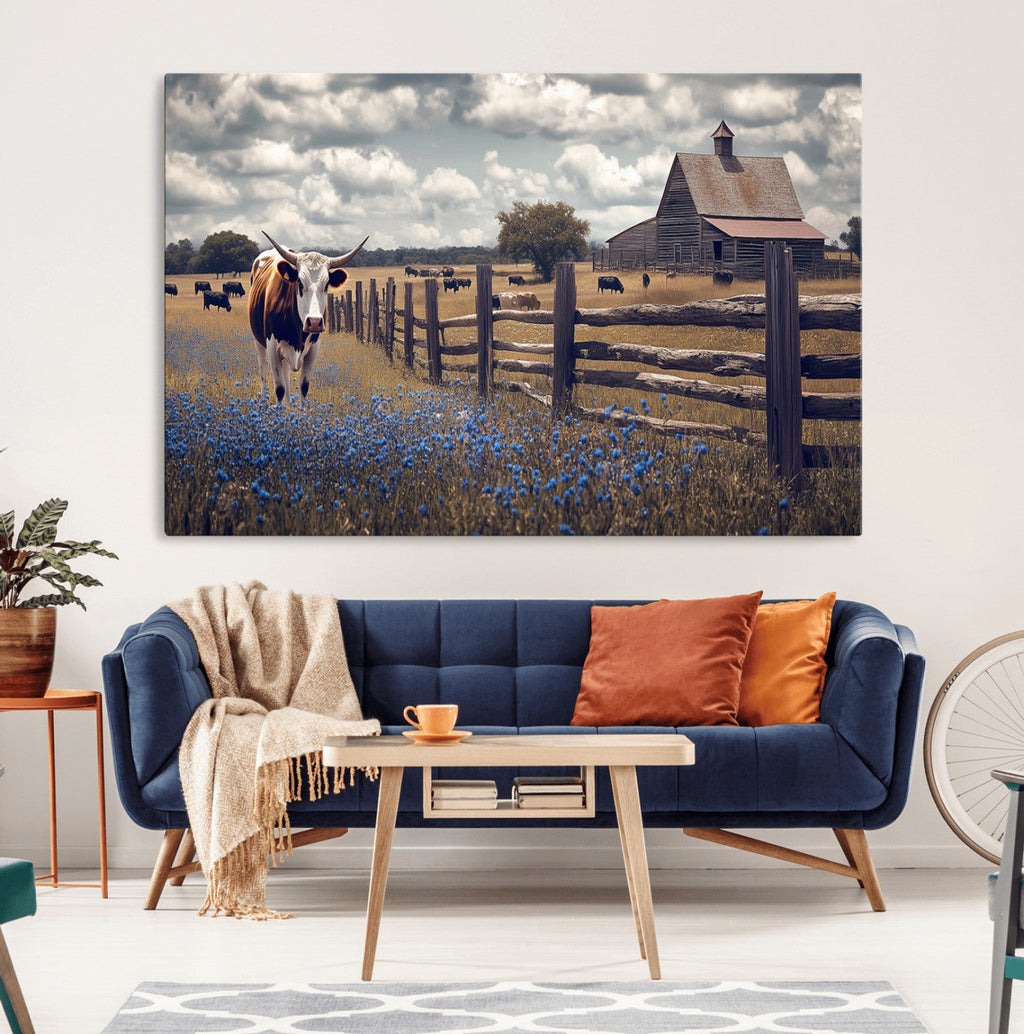 Texas Longhorn Canvas Wall Art Print, Framed Rustic Barn Farmhouse Decor