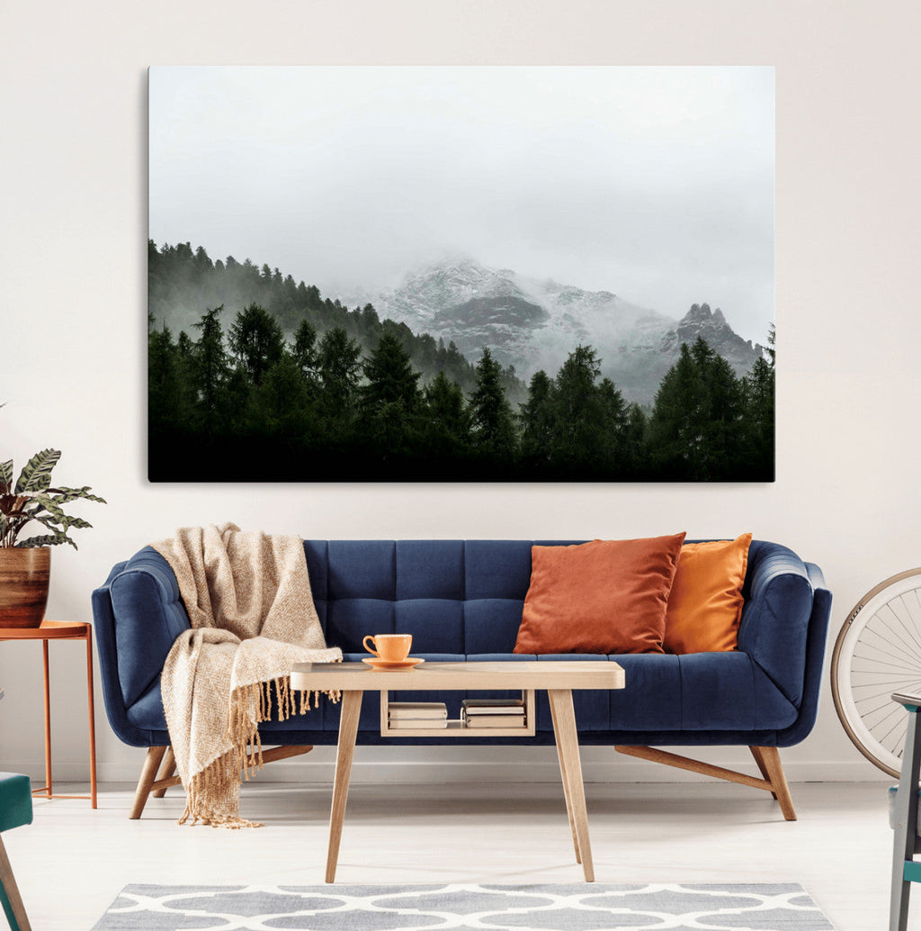 Misty Mountains Wall Art Canvas Print, Framed Foggy Forest Art, Snowy Peaks Landscape