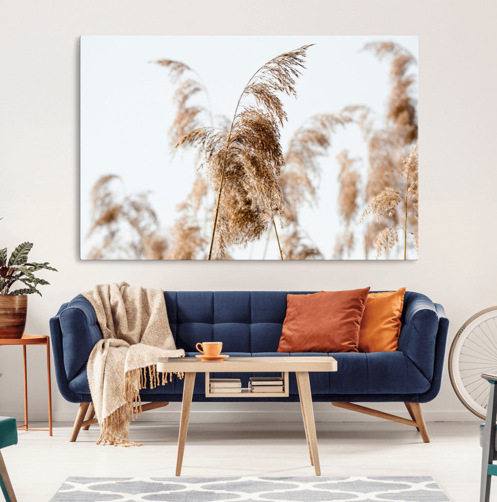 Pampas Grass Wall Art Canvas Print, Framed Neutral Tones Minimalist Boho