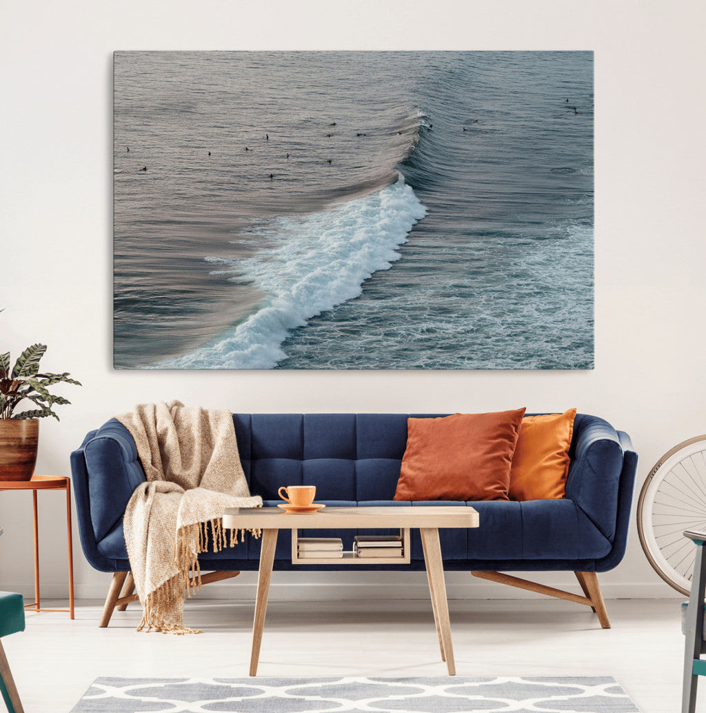 Ocean Waves Wall Art Canvas Print, Framed Coastal Serenity Surf Scene