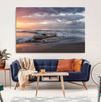 Golden Hour Wall Art Canvas Print, Framed Tranquil Waves Beach Sunset