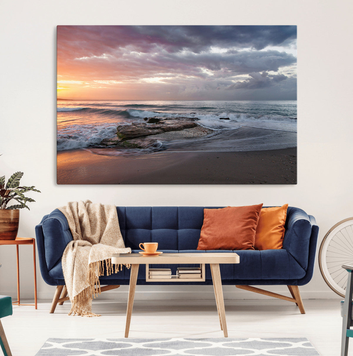 Golden Hour Wall Art Canvas Print, Framed Tranquil Waves Beach Sunset