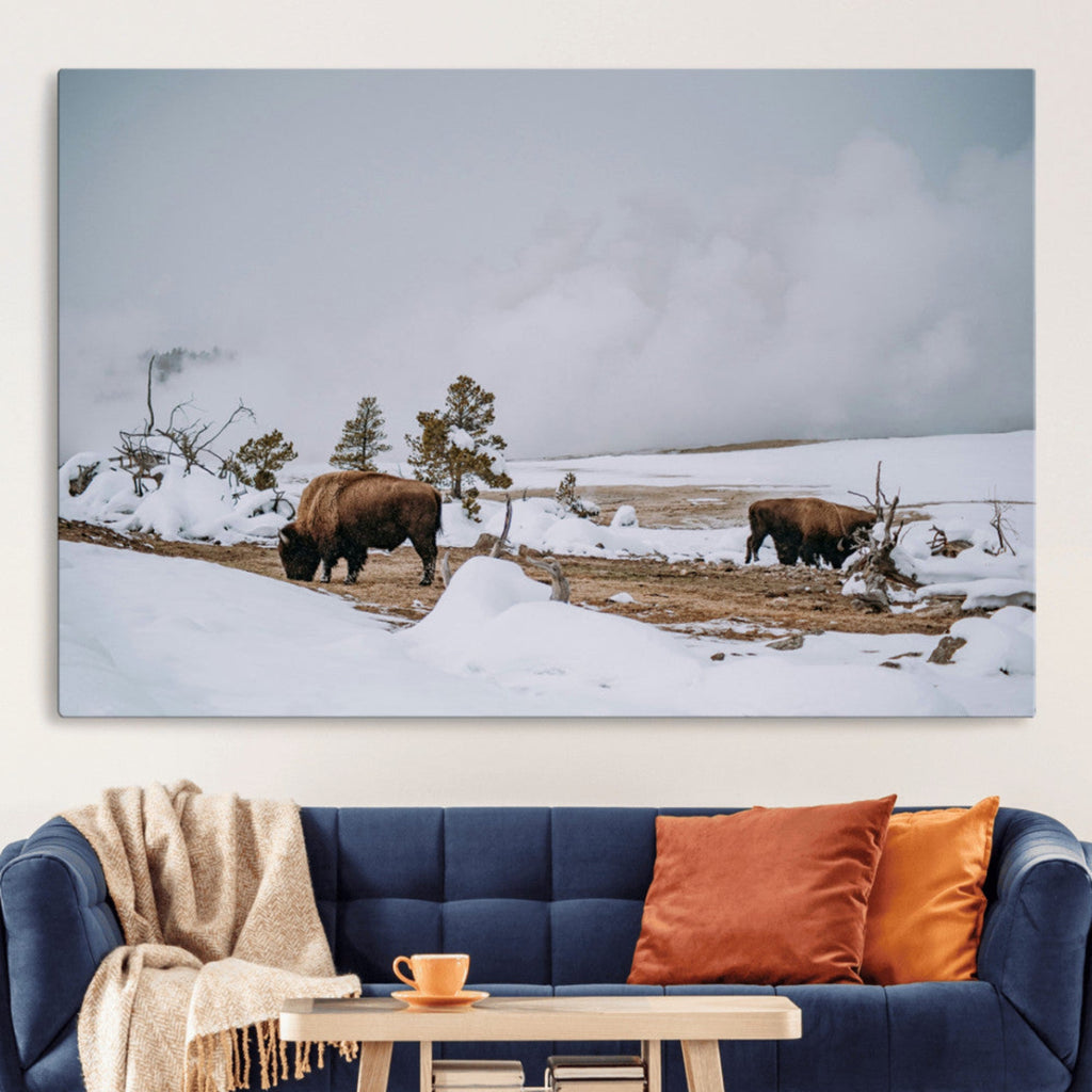 Bison Wildlife Wall Art Canvas Print, Framed Snowy Prairie Art, Western Landscape Decor