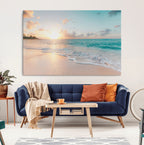 Beach Sunset Wall Art Canvas Print, Framed Ocean Waves Summer Escape