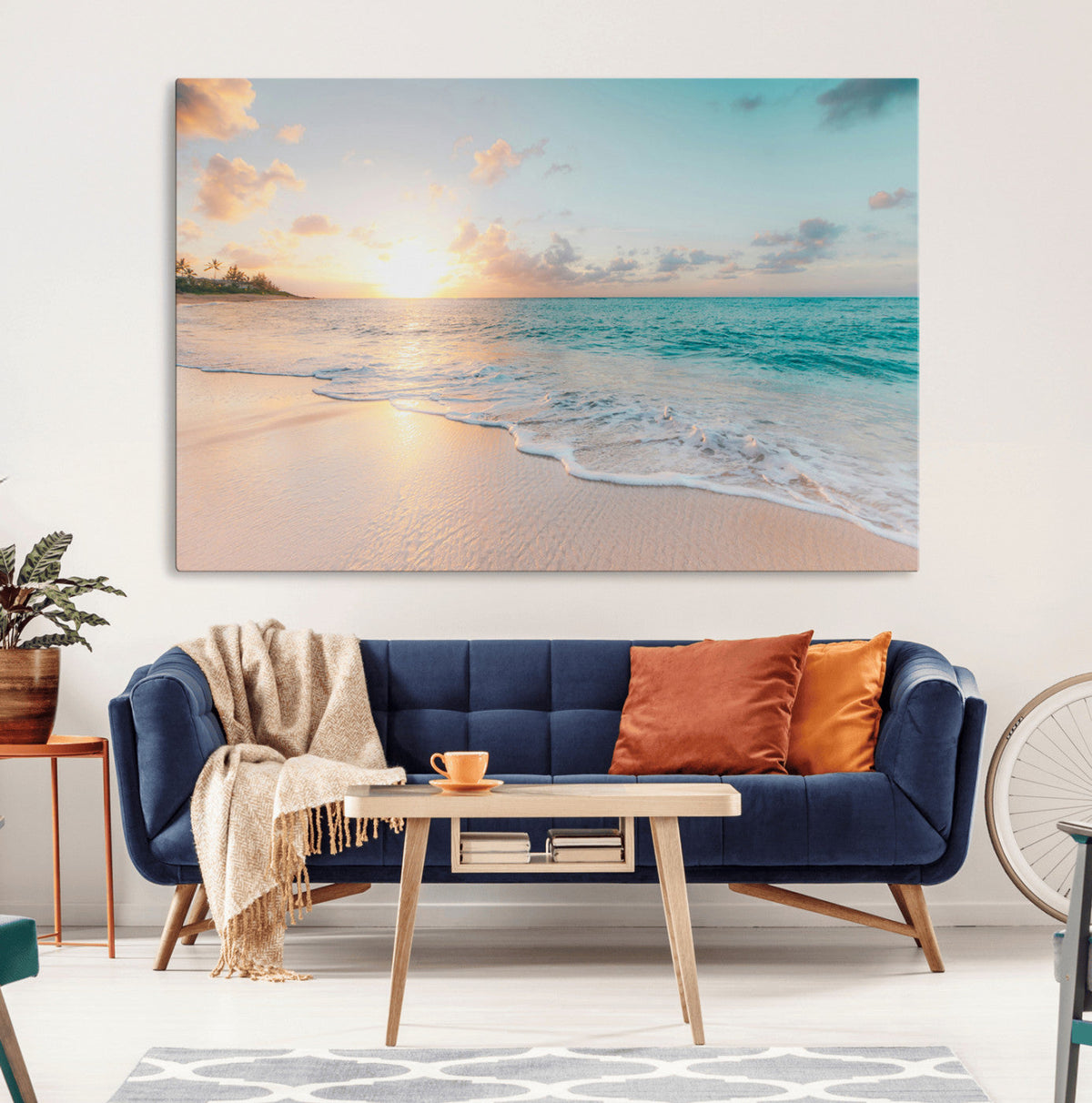 Beach Sunset Wall Art Canvas Print, Framed Ocean Waves Summer Escape