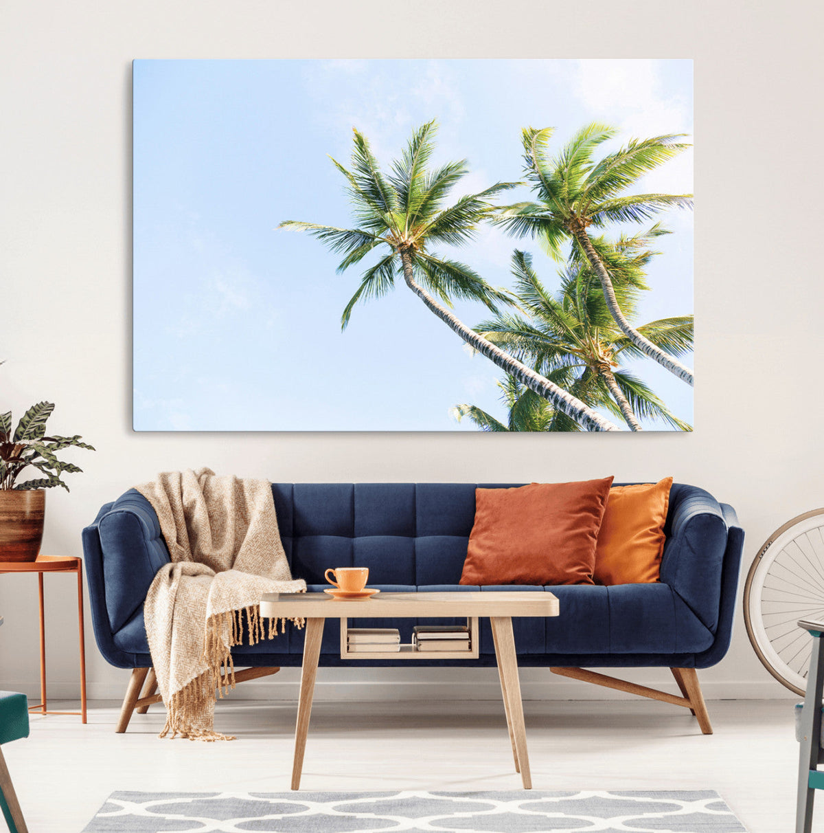 Palm Trees Wall Art Canvas Print, Framed Tropical Coastal Scene Under Blue Sky
