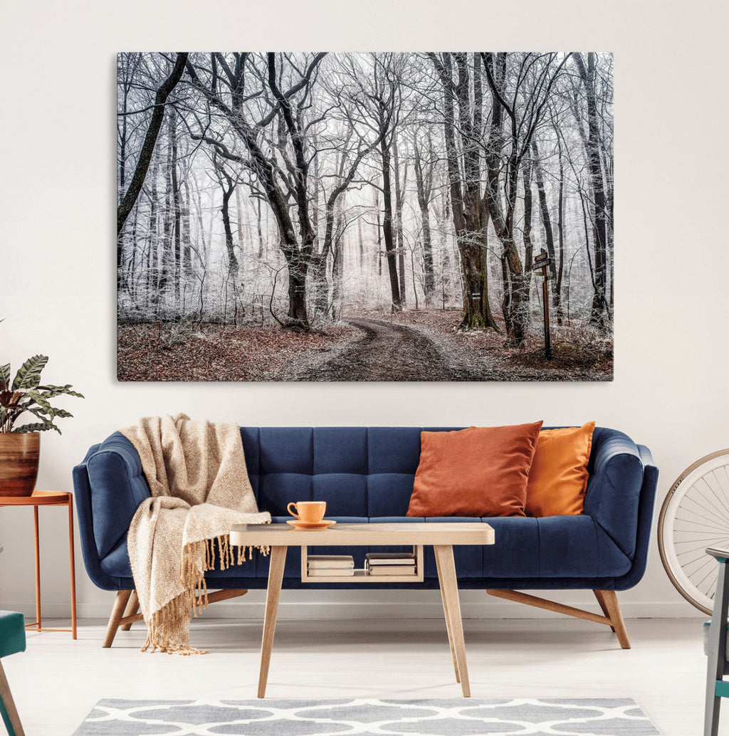 Winter Forest Wall Art Canvas Print, Framed Frosty Woodland with Misty Trees