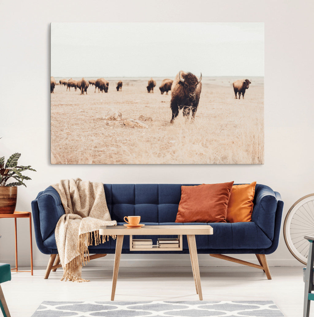 Bison Herd Wall Art Canvas Print, Framed Western Prairie Serenity