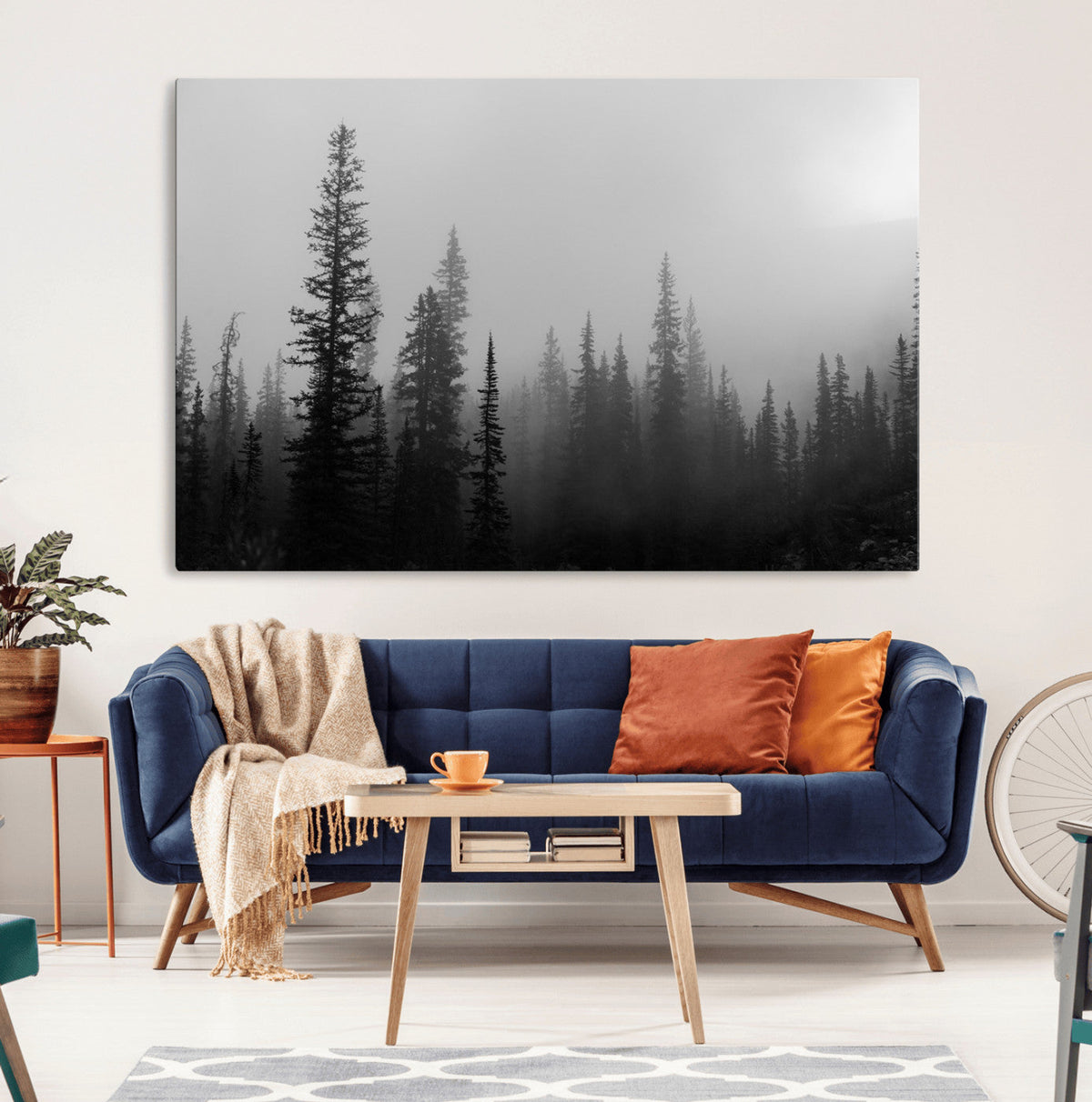 Misty Pines Wall Art Canvas Print, Framed Woodland Minimalist Black and White