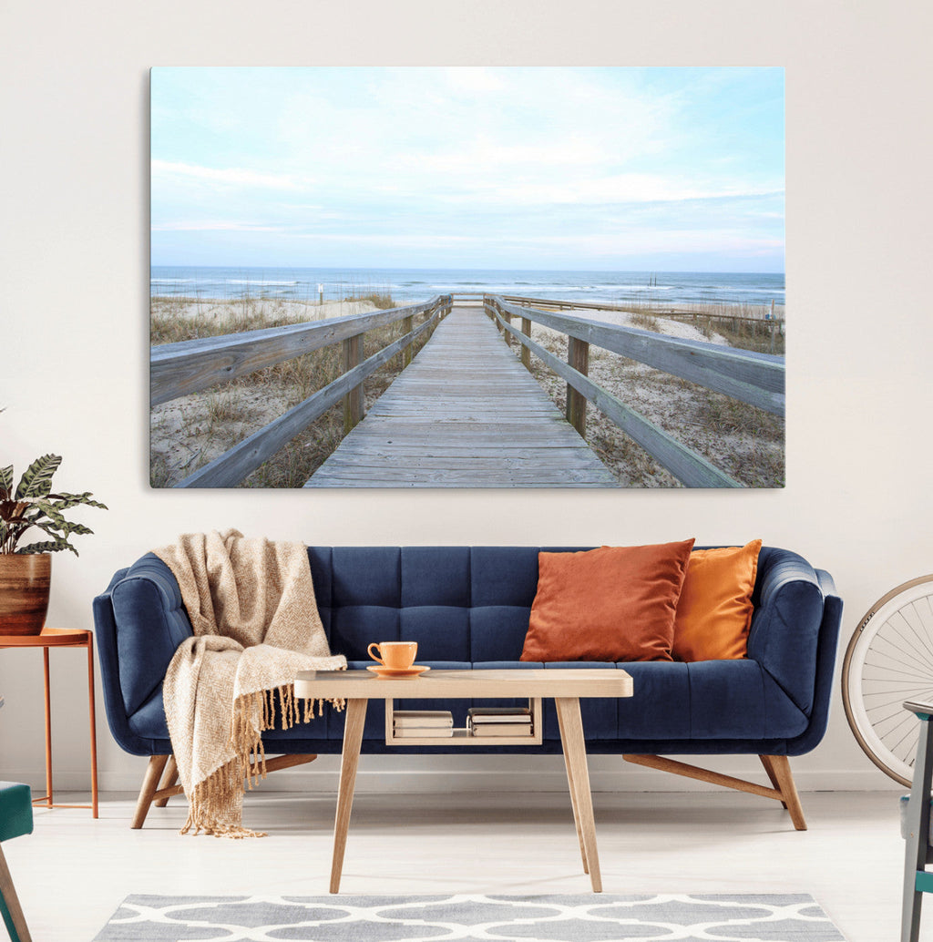 Beach Boardwalk Wall Art Canvas Print, Framed Coastal Serenity Ocean View
