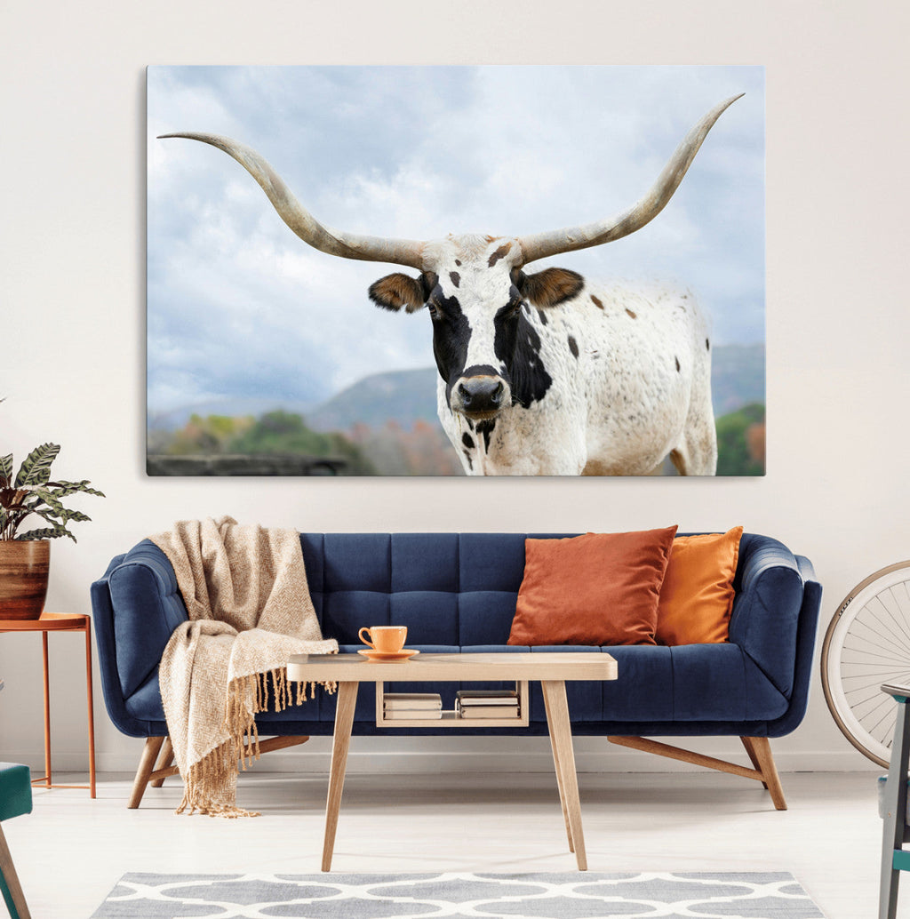 Texas Longhorn Wall Art Canvas Print, Framed Western Rustic Farmhouse