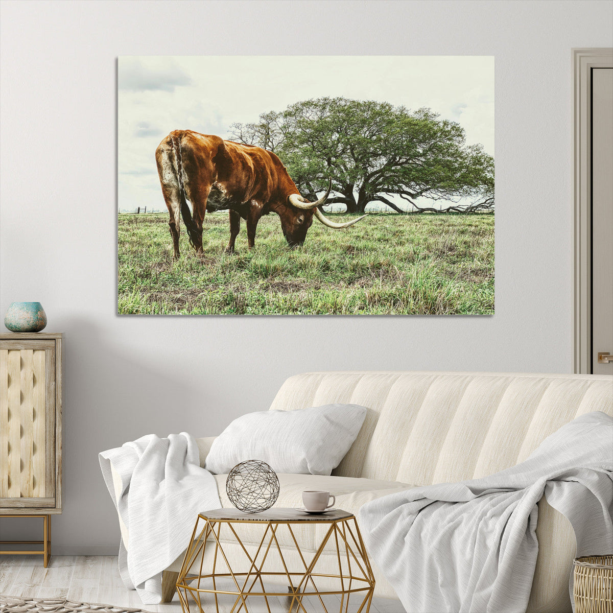Texas Longhorn Wall Art Canvas Print, Rustic Western Ranch