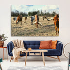 Texas Longhorns Wall Art Canvas Print, Framed Rustic Farm Scene Western Cattle