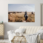 Western Wall Art Canvas Print, Framed Cowboy Cattle Drive Scene