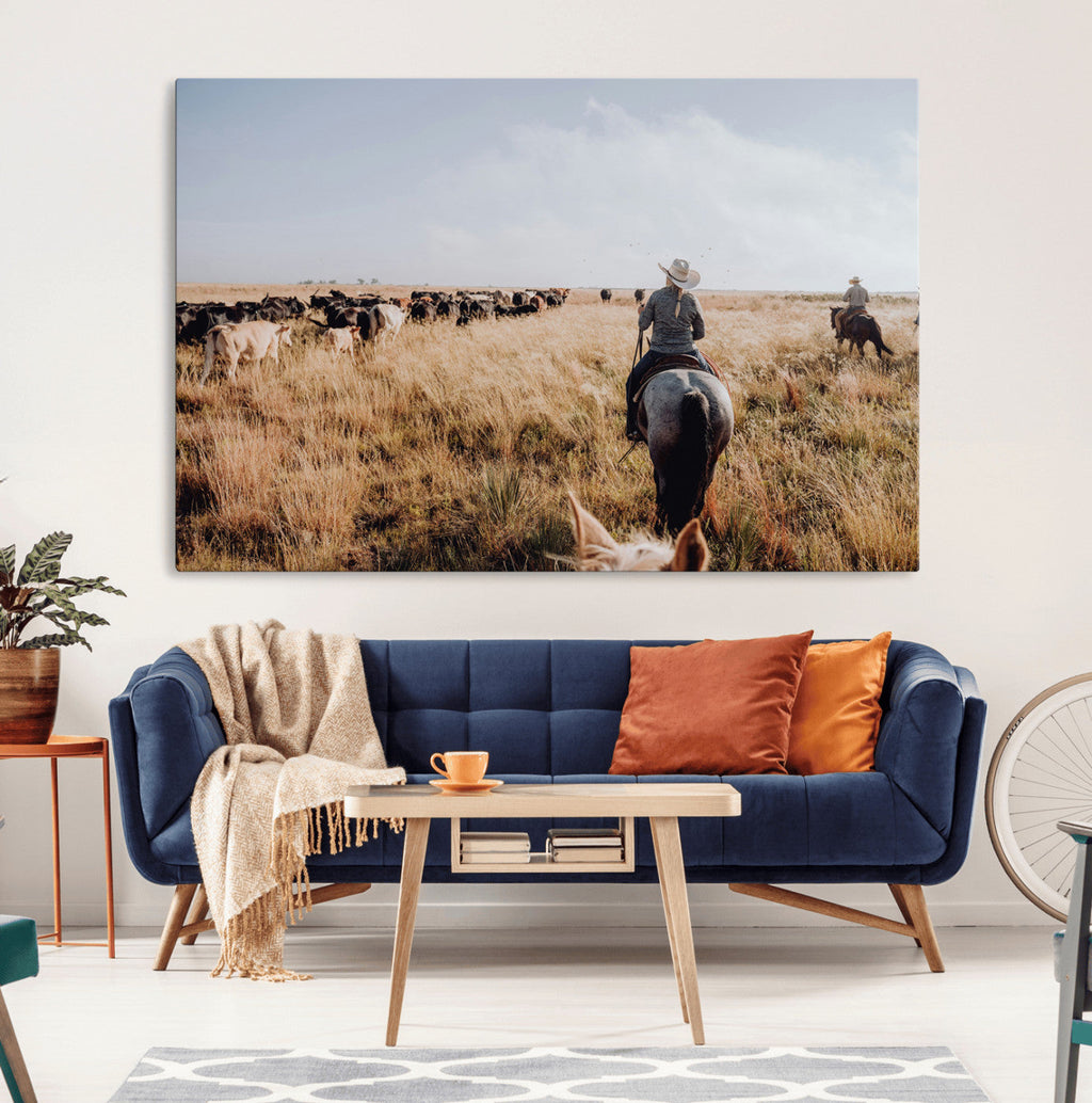 Western Wall Art Canvas Print, Framed Cowboy Cattle Drive Scene