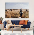 Western Wall Art Canvas Print, Framed Cowboy Cattle Drive Scene