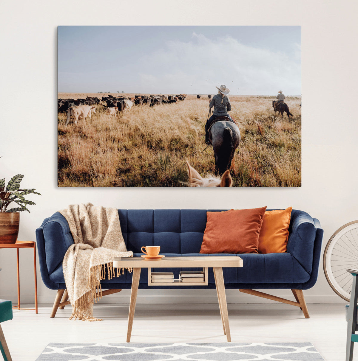 Western Wall Art Canvas Print, Framed Cowboy Cattle Drive Scene