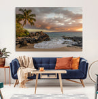 Tropical Beach Wall Art Canvas Print, Vibrant Hawaiian Sunset with Ocean Waves